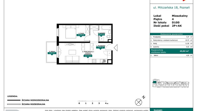Rzut - Mieszkanie na sprzedaż 2 pokoje o powierzchni 43,02 m² - numer D100 w Milczańska 18