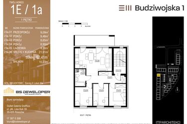 Rzut - Mieszkanie na sprzedaż 4 pokoje o powierzchni 62,41 m² - numer 1E/1a w Budziwojska 3