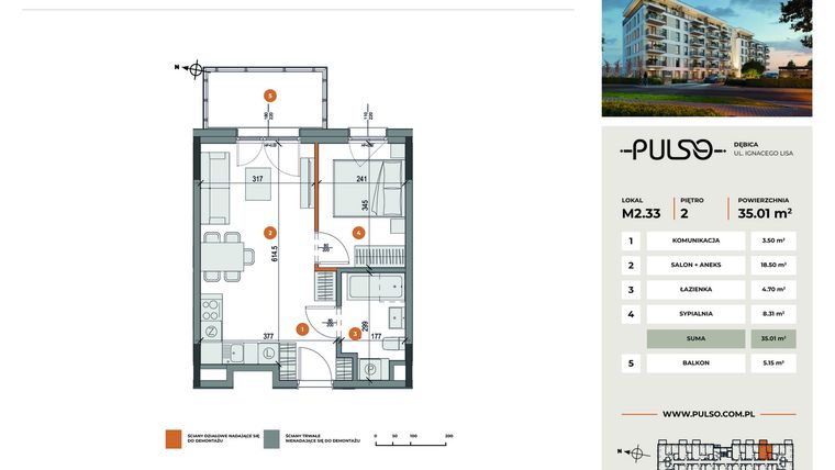 Rzut - Mieszkanie na sprzedaż 2 pokoje o powierzchni 35,01 m² - numer M2.33 w Pulso
