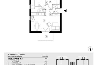 Rzut - Mieszkanie na sprzedaż 2 pokoje o powierzchni 43,55 m² - numer 4.3 w Jasieny