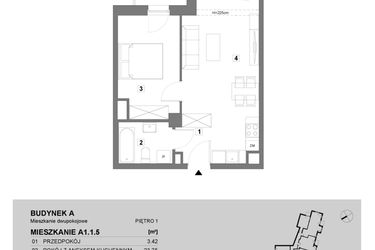Rzut - Mieszkanie na sprzedaż 2 pokoje o powierzchni 43,98 m² - numer A1.1.5 w ATAL Grabiszyn