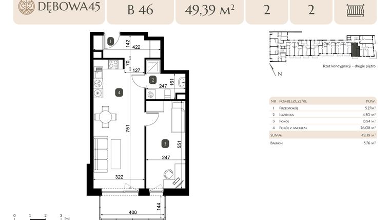 Rzut - Mieszkanie na sprzedaż 2 pokoje o powierzchni 49,39 m² - numer B.46 w Dębowa 45