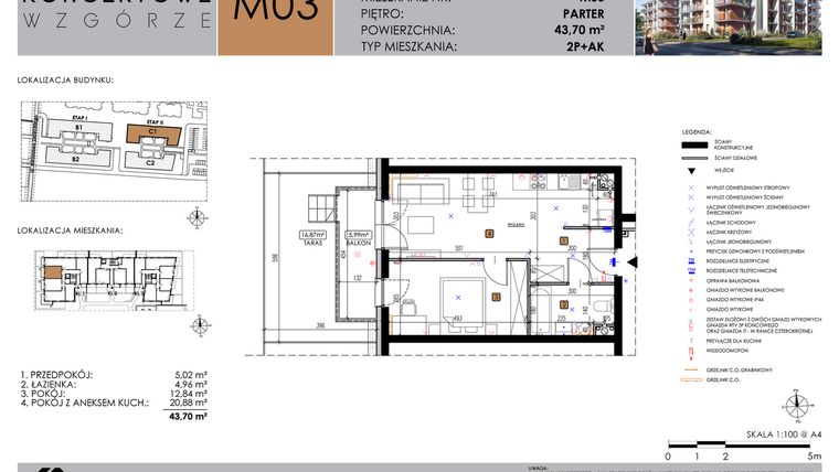 Rzut - Mieszkanie na sprzedaż 2 pokoje o powierzchni 43,7 m² - numer C1_M3/P w Koncertowe Wzgórze etap II