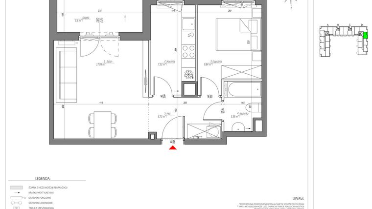 Rzut - Mieszkanie na sprzedaż 2 pokoje o powierzchni 44,16 m² - numer D/124/M w City Vibe