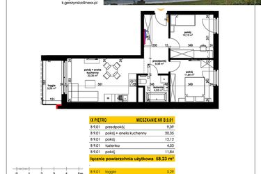 Rzut - Mieszkanie na sprzedaż 3 pokoje o powierzchni 58,23 m² - numer B 9.01 w Park Moniuszki II C