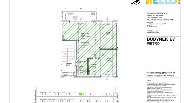 Rzut - Mieszkanie na sprzedaż 3 pokoje o powierzchni 57,76 m² - numer B7.2 w HELLO! KUKUŁKI bud. B