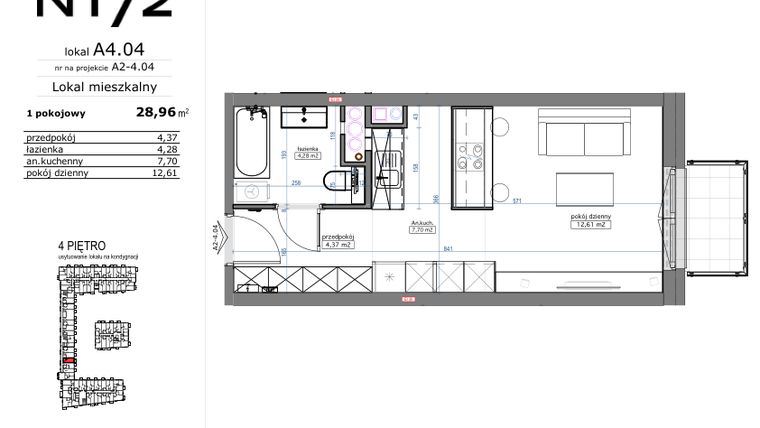 Rzut - Mieszkanie na sprzedaż 1 pokój o powierzchni 29,26 m² - numer A4.04 w Naramowicka 172