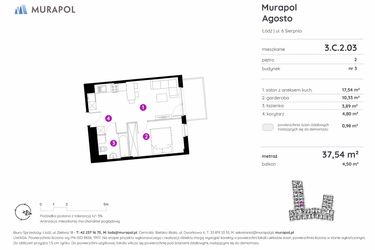Rzut - Mieszkanie na sprzedaż 1 pokój o powierzchni 37,54 m² - numer 3.C.2.03 w Murapol Agosto