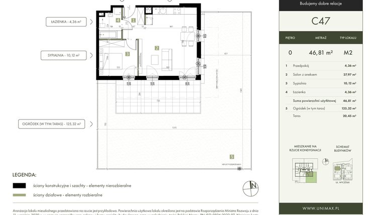 Rzut - Mieszkanie na sprzedaż 2 pokoje o powierzchni 46,81 m² - numer C47 w Quattro Ursynów
