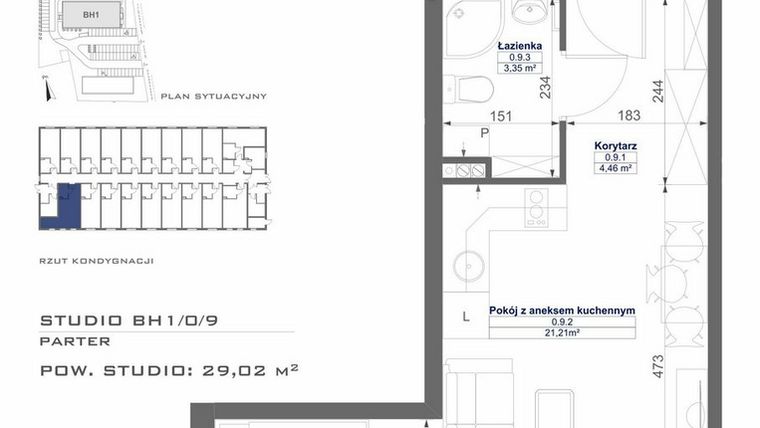 Rzut - Mieszkanie na sprzedaż 1 pokój o powierzchni 29,02 m² - numer BH1/0/9 w Mikroapartamenty Luboń
