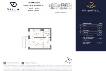 Rzut - Mieszkanie na sprzedaż 1 pokój o powierzchni 29,11 m² - numer 45 w Warszawska 222 bud. D