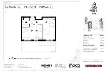 Rzut - Mieszkanie na sprzedaż 3 pokoje o powierzchni 52,43 m² - numer D119 w Osiedle Witaj etap II