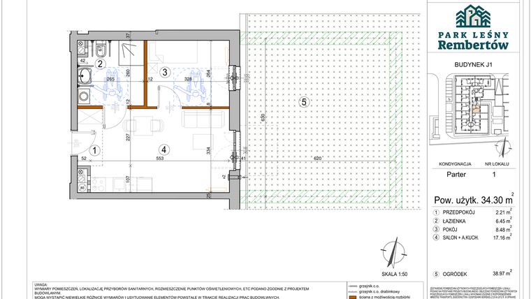 Rzut - Mieszkanie na sprzedaż 2 pokoje o powierzchni 34,3 m² - numer J1-1 w Park Leśny Rembertów etap VIII