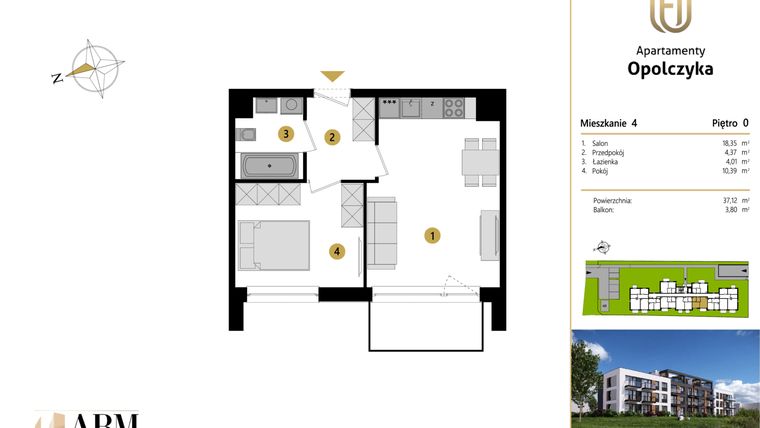Rzut - Mieszkanie na sprzedaż 2 pokoje o powierzchni 37,12 m² - numer M4 w Apartamenty Opolczyka