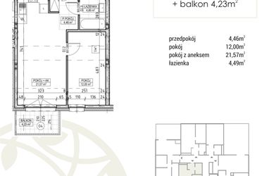 Rzut - Mieszkanie na sprzedaż 2 pokoje o powierzchni 42,52 m² - numer A3.03.22 w Zakątek Flora