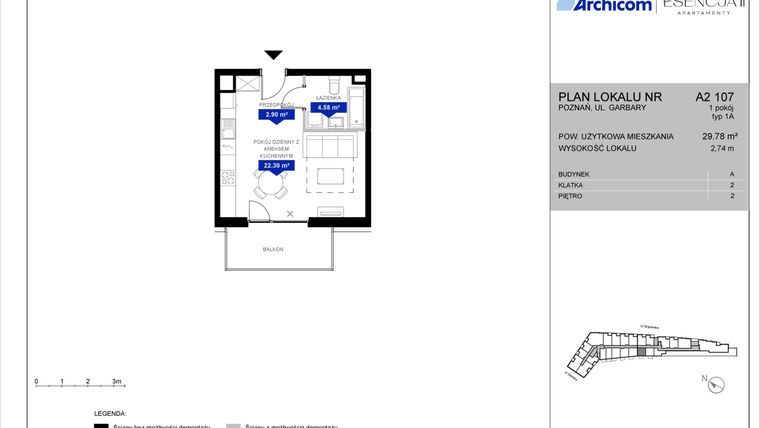 Rzut - Mieszkanie na sprzedaż 1 pokój o powierzchni 29,78 m² - numer A2.107 w Apartamenty Esencja II