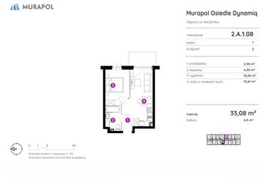 Rzut - Mieszkanie na sprzedaż 2 pokoje o powierzchni 33,08 m² - numer 2.A.1.08 w Murapol Osiedle Dynamiq