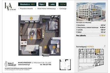 Rzut - Mieszkanie na sprzedaż 1 pokój o powierzchni 51,9 m² - numer M4.9 w La Vie Art