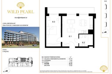 Rzut - Mieszkanie na sprzedaż 2 pokoje o powierzchni 46,55 m² - numer 6.8 w Wild Pearl