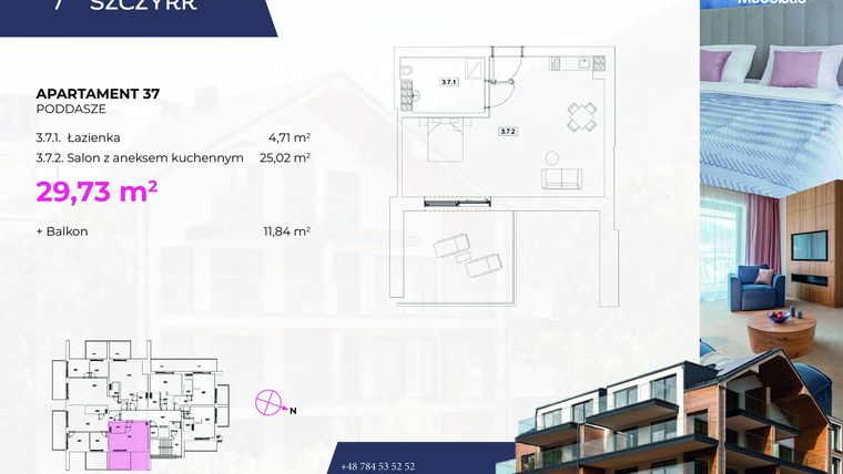 Rzut - Mieszkanie na sprzedaż 1 pokój o powierzchni 29,73 m² - numer 37 w Novy Szczyrk