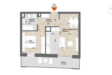 Rzut - Mieszkanie na sprzedaż 2 pokoje o powierzchni 44,08 m² - numer 46 w Apartamenty Śródmieście
