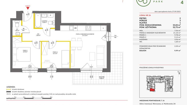 Rzut - Mieszkanie na sprzedaż 3 pokoje o powierzchni 55,03 m² - numer IV.26 w Olchowy Park IV