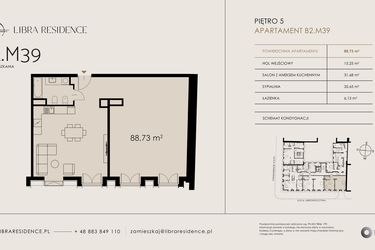 Rzut - Mieszkanie na sprzedaż 3 pokoje o powierzchni 88,73 m² - numer B2.M39 w Libra Residence