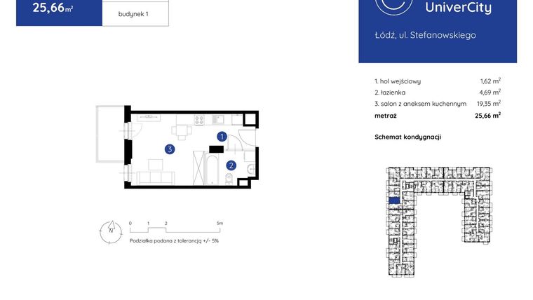Rzut - Mieszkanie na sprzedaż 1 pokój o powierzchni 25,66 m² - numer 1.B.1.04 w Murapol UniverCity