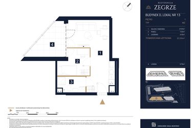 Rzut - Mieszkanie na sprzedaż 1 pokój o powierzchni 33,59 m² - numer D13 w Rezydencja Zegrze etap III