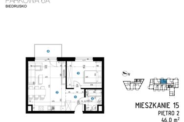 Rzut - Mieszkanie na sprzedaż 2 pokoje o powierzchni 46 m² - numer 6A.15 w Parkowa 6AC - ETAP III