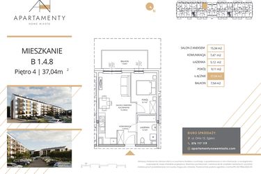 Rzut - Mieszkanie na sprzedaż 2 pokoje o powierzchni 37,04 m² - numer B1.4.8 w Apartamenty Nowe Miasto