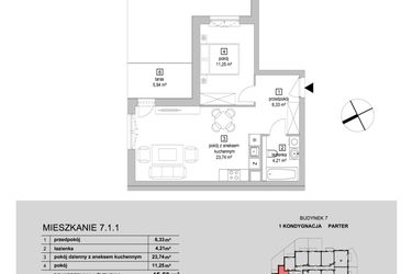 Rzut - Mieszkanie na sprzedaż 2 pokoje o powierzchni 45,53 m² - numer 7.1.1 w Osiedle Przyjemne IV