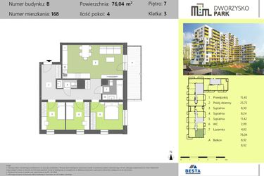 Rzut - Mieszkanie na sprzedaż 4 pokoje o powierzchni 76,04 m² - numer 168 w Dworzysko Park - Etap II