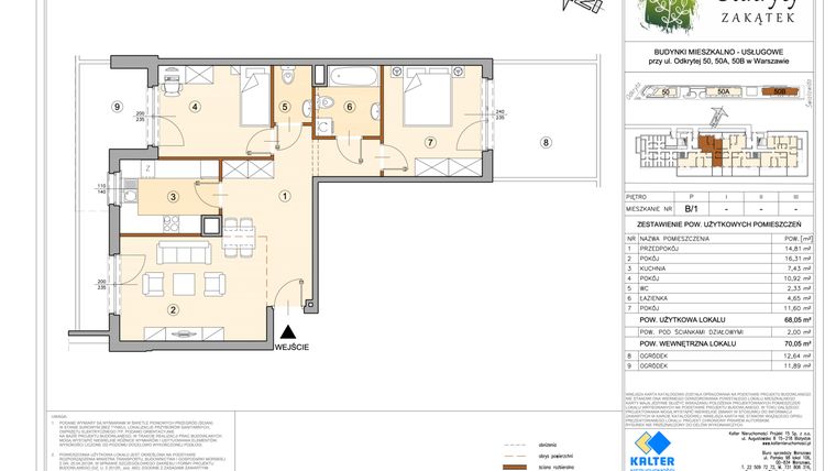 Rzut - Mieszkanie na sprzedaż 3 pokoje o powierzchni 68,05 m² - numer B1 w Odkryty Zakątek