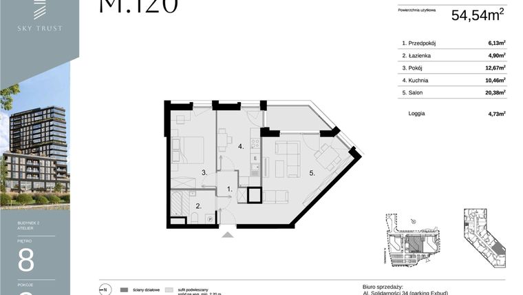 Rzut - Mieszkanie na sprzedaż 2 pokoje o powierzchni 54,54 m² - numer M120 w Sky Trust etap II
