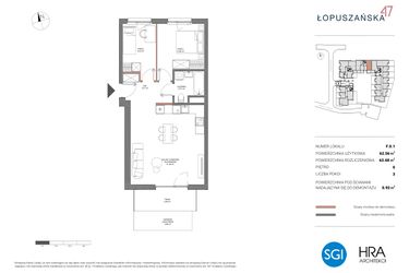 Rzut - Mieszkanie na sprzedaż 3 pokoje o powierzchni 63,48 m² - numer F.0.1 w Łopuszańska 47 - etap 2