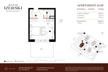 Rzut - Mieszkanie na sprzedaż 1 pokój o powierzchni 30,58 m² - numer A1.03 w Bulwar Izerski