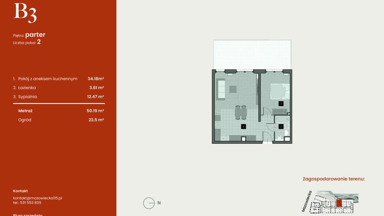 Rzut - Mieszkanie na sprzedaż 2 pokoje o powierzchni 50,19 m² - numer B3 w Mazowiecka 115