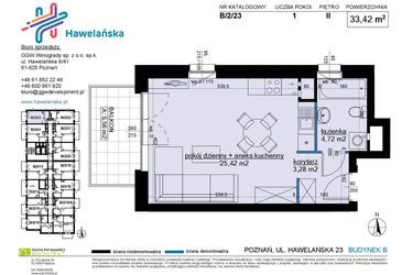 Rzut - Mieszkanie na sprzedaż 1 pokój o powierzchni 33,42 m² - numer B/2/23 w Osiedle Hawelańska etap III - bud. B