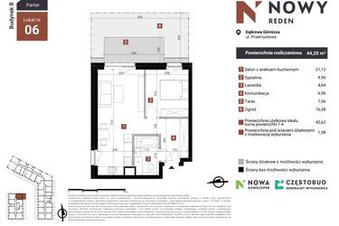 Rzut - Mieszkanie na sprzedaż 2 pokoje o powierzchni 44,2 m² - numer B6 w Nowy Reden