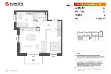 Rzut - Mieszkanie na sprzedaż 3 pokoje o powierzchni 54,61 m² - numer B2.27 w Osiedle Przy Błoniach 3 etap III