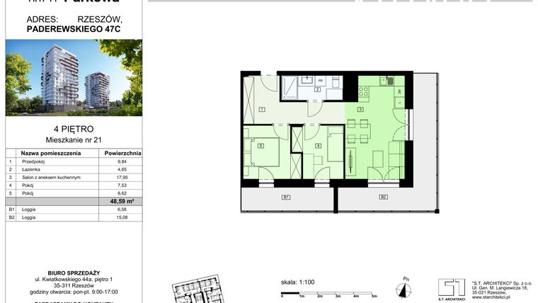 Rzut - Mieszkanie na sprzedaż 3 pokoje o powierzchni 48,59 m² - numer 21/B8 w Dzielnica Parkowa VIII