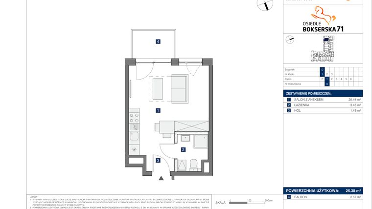 Rzut - Mieszkanie na sprzedaż 1 pokój o powierzchni 25,38 m² - numer D6 w Osiedle Bokserska 71 Etap 2 Faza 3