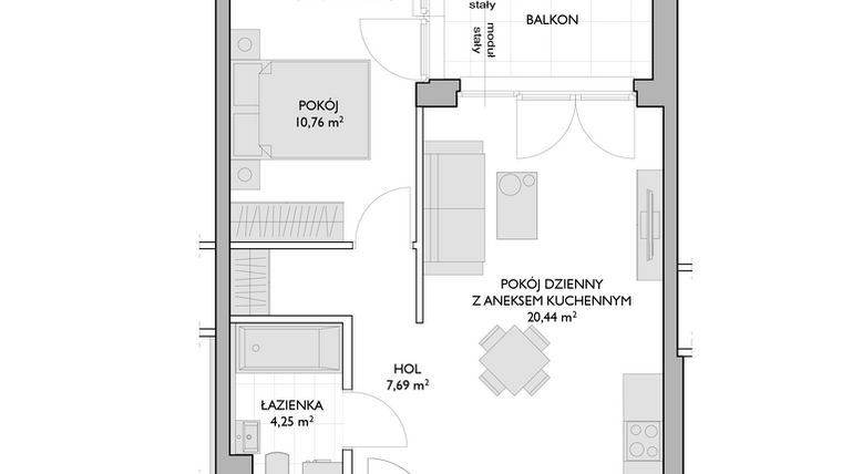 Rzut - Mieszkanie na sprzedaż 2 pokoje o powierzchni 43,14 m² - numer WO/P3/50 w Wiszące Ogrody