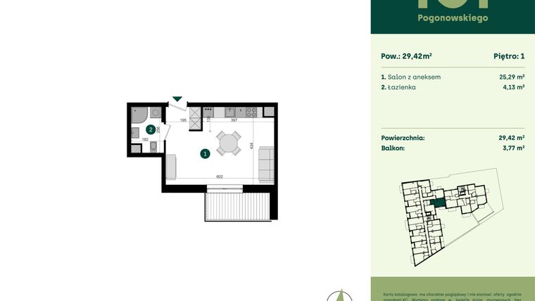 Rzut - Mieszkanie na sprzedaż 1 pokój o powierzchni 29,42 m² - numer POGO2/A/2M w Pogonowskiego 52