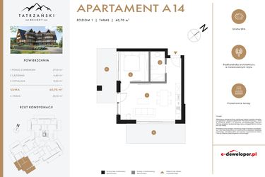 Rzut - Mieszkanie na sprzedaż 2 pokoje o powierzchni 40,7 m² - numer A14 w Tatrzański Resort