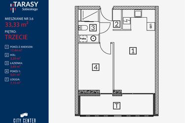 Rzut - Mieszkanie na sprzedaż 2 pokoje o powierzchni 33,33 m² - numer B2.M.3.6 w Tarasy Sobieskiego