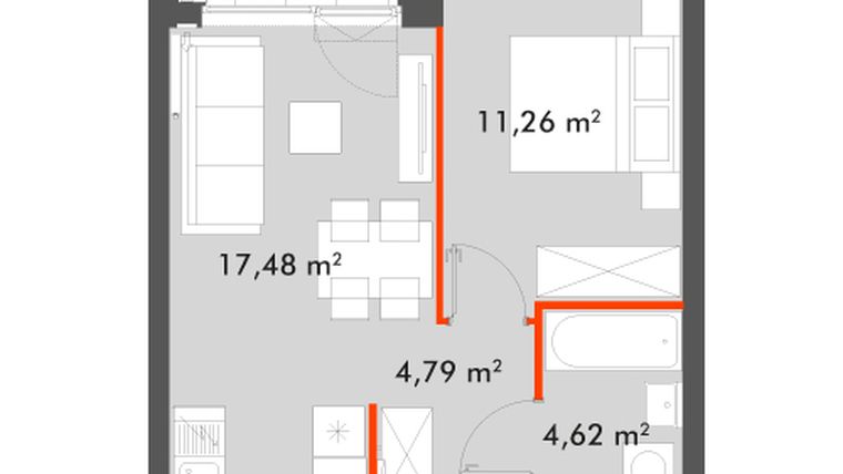 Rzut - Mieszkanie na sprzedaż 2 pokoje o powierzchni 38,15 m² - numer F1.C.02.05 w Splot Wola