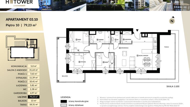Rzut - Mieszkanie na sprzedaż 4 pokoje o powierzchni 79,23 m² - numer Hi 03.10 w Hi Tower
