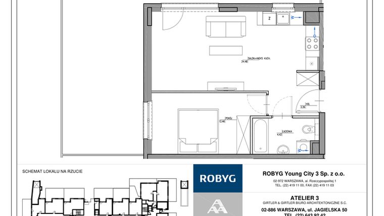 Rzut - Mieszkanie na sprzedaż 2 pokoje o powierzchni 44,62 m² - numer MC/J/A/0/7 w Modern City etap J